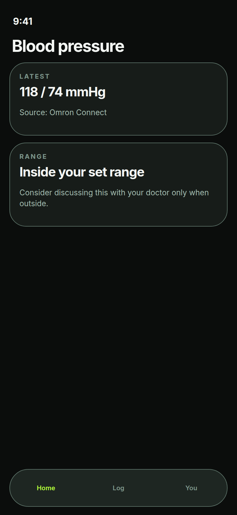 Blood pressure screen with sample Omron reading