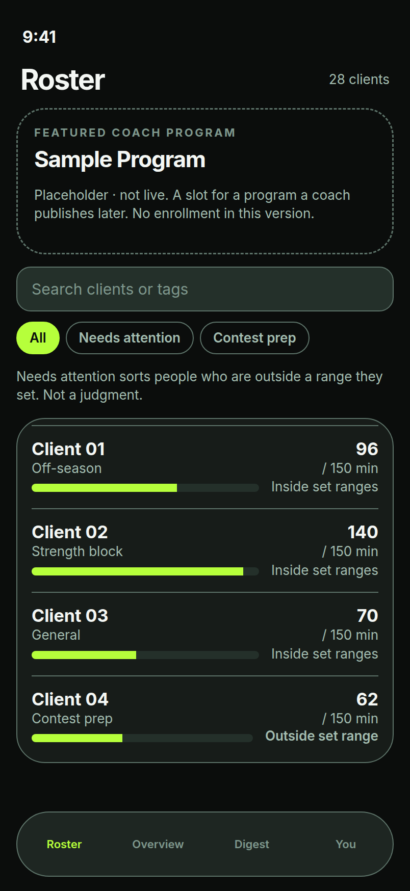 Coach roster with search, tags and set-range status