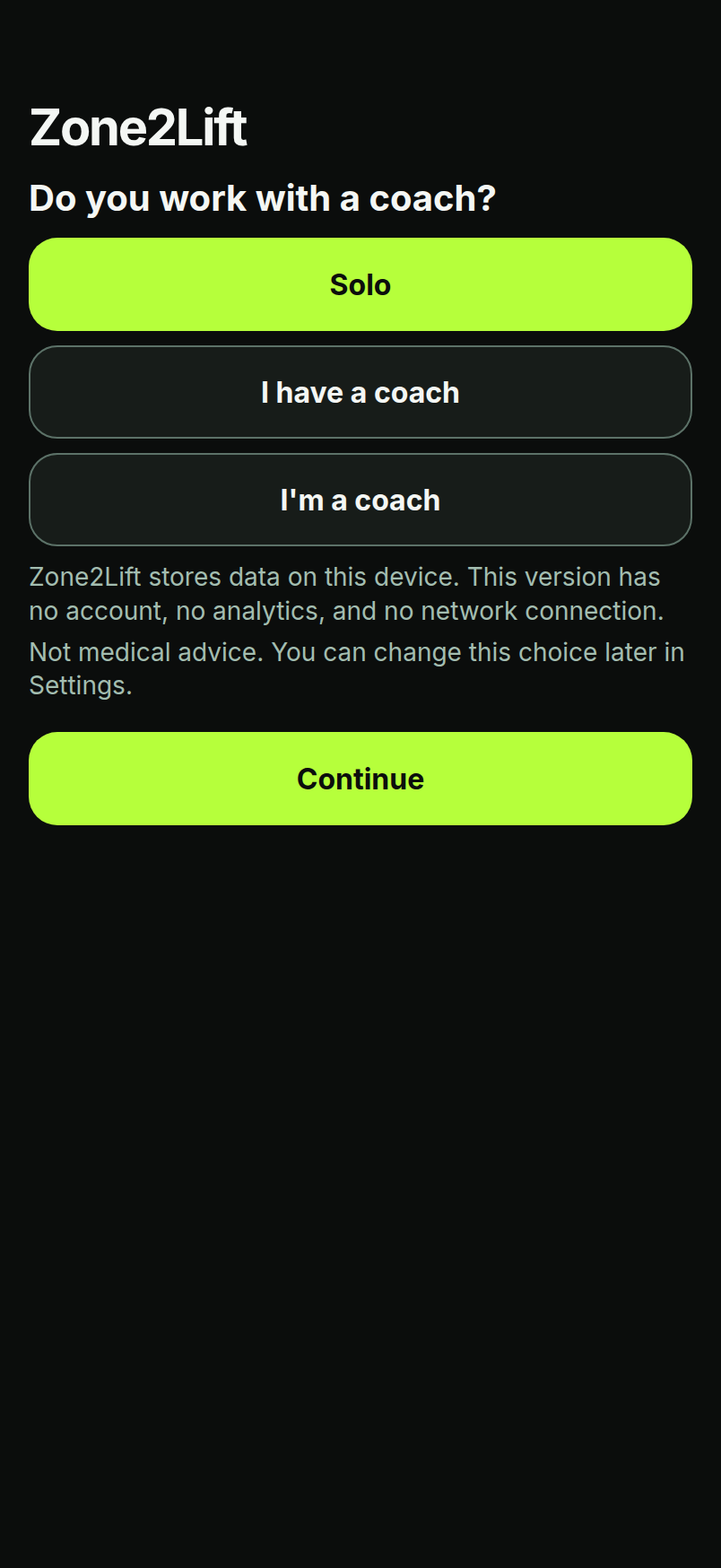 Onboarding screen asking whether you work with a coach, with Solo as the first option